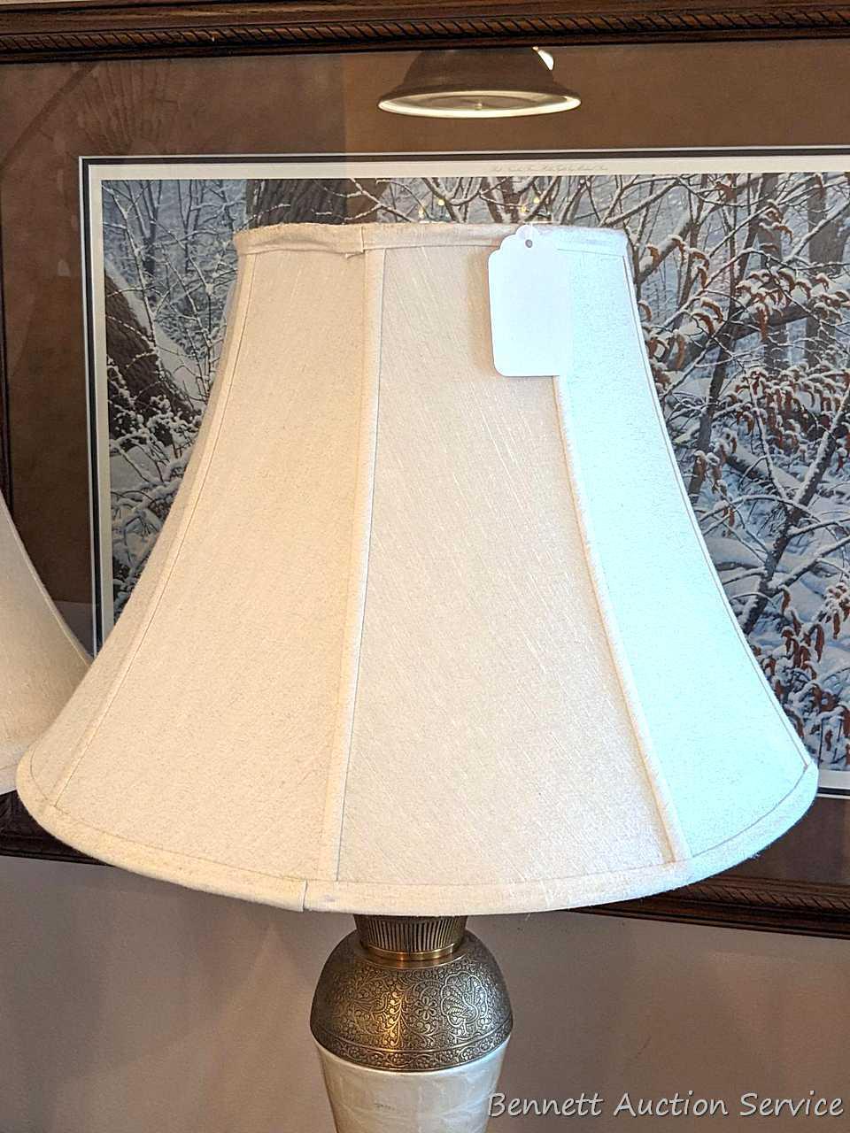 Pair of 30" table lamps in good condition, work. One is missing brass toned finial.