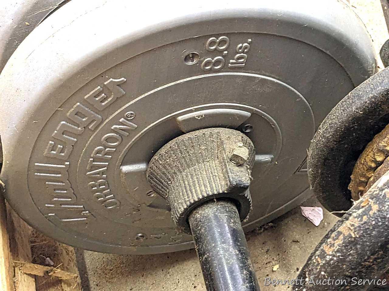 Cast iron and other free weights, plus dumb bell bars and a bench press bar.