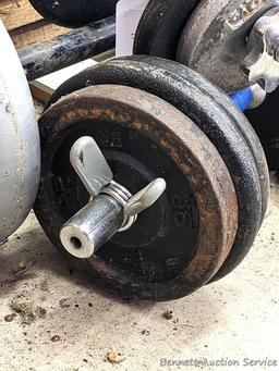 Cast iron and other free weights, plus dumb bell bars and a bench press bar.