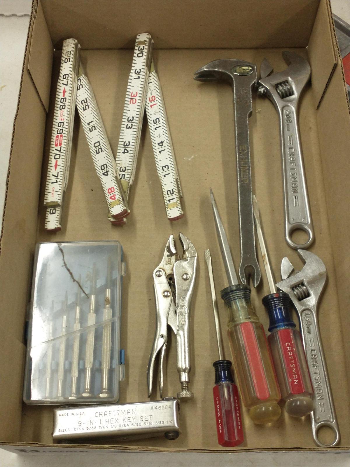 Exhumer 9" coffin opener; Craftsman screwdrivers, wrenches; Vise Grip pliers, Lufkin folding rule.