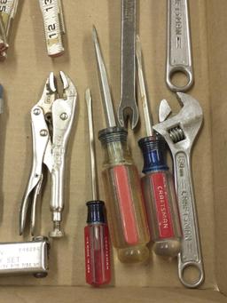 Exhumer 9" coffin opener; Craftsman screwdrivers, wrenches; Vise Grip pliers, Lufkin folding rule.