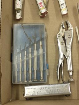 Exhumer 9" coffin opener; Craftsman screwdrivers, wrenches; Vise Grip pliers, Lufkin folding rule.