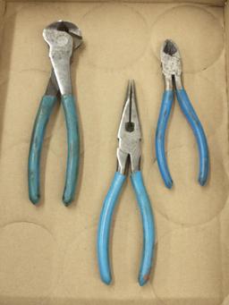 ChannelLock needle nose pliers, end nippers, and chipped side nippers.