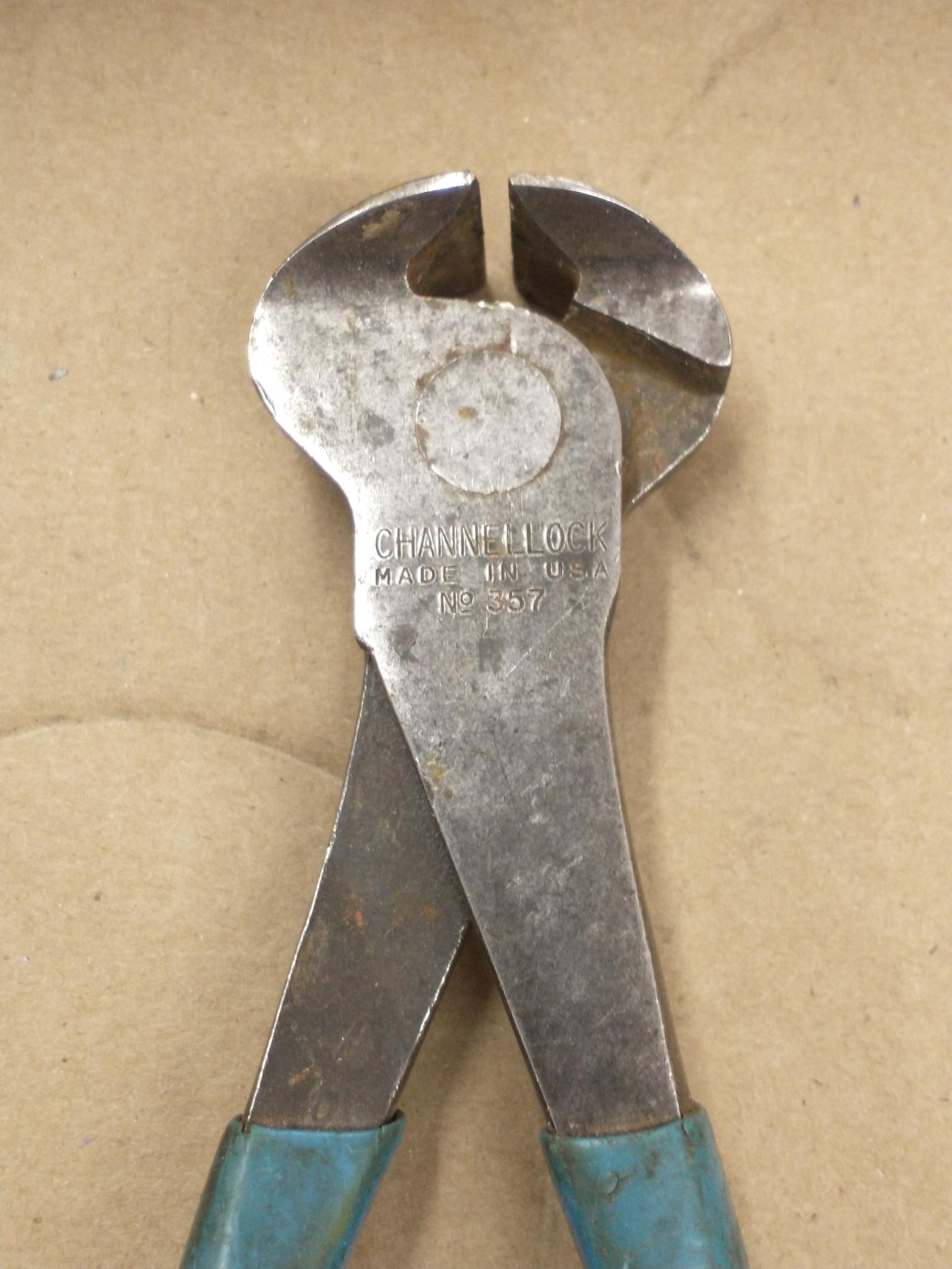 ChannelLock needle nose pliers, end nippers, and chipped side nippers.