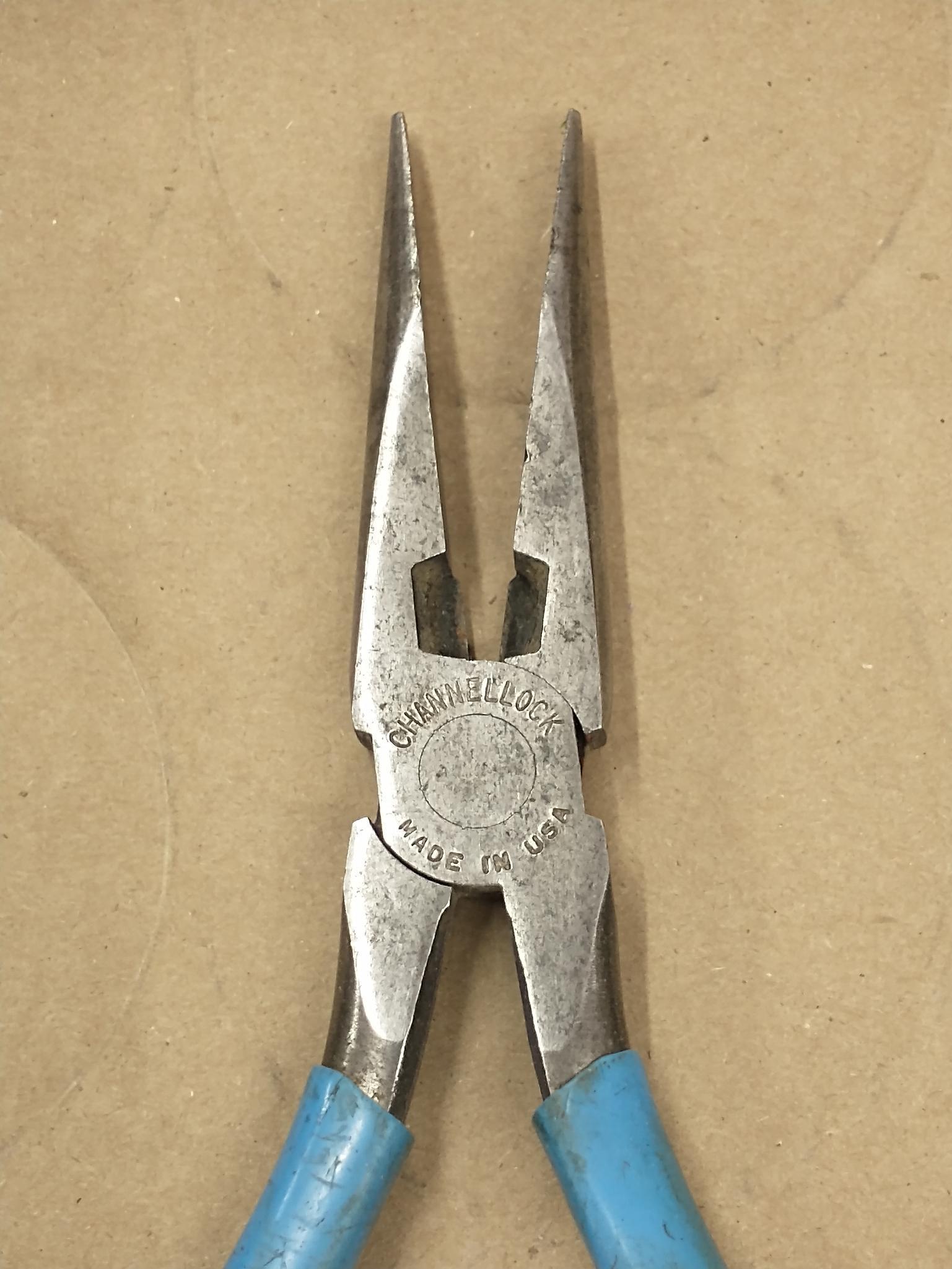 ChannelLock needle nose pliers, end nippers, and chipped side nippers.