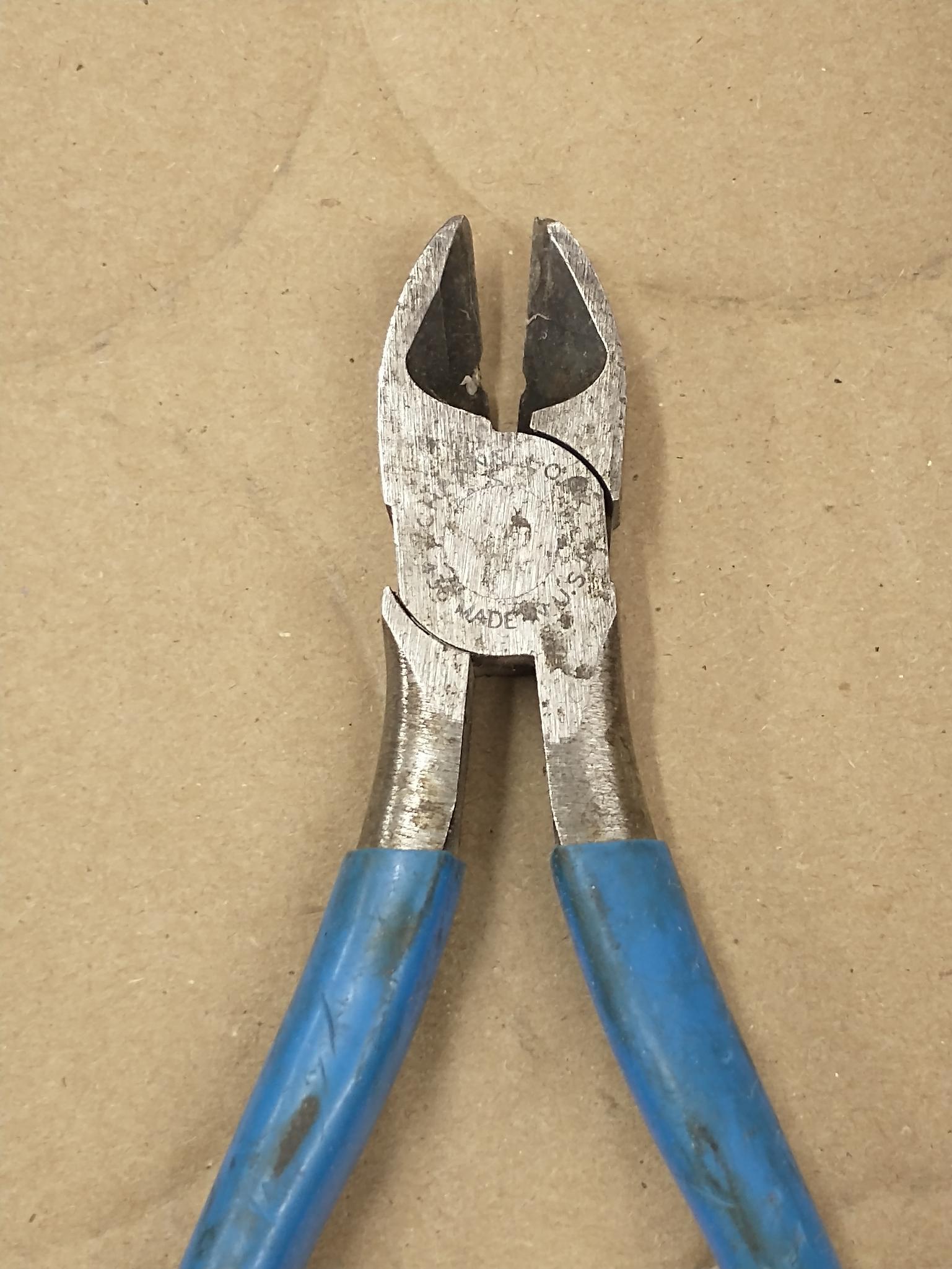 ChannelLock needle nose pliers, end nippers, and chipped side nippers.