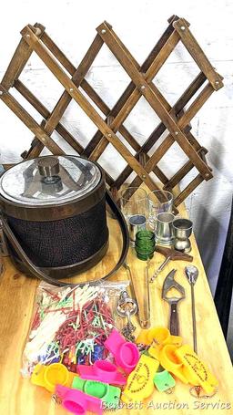 Retro 8" wide ice bucket, Royal Canadian and other shot glasses, local Brenda's Catering bottle
