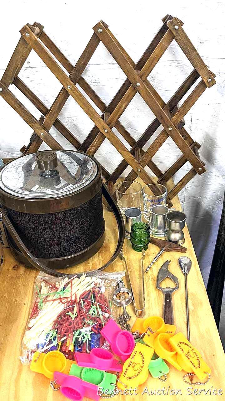 Retro 8" wide ice bucket, Royal Canadian and other shot glasses, local Brenda's Catering bottle