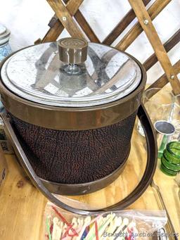 Retro 8" wide ice bucket, Royal Canadian and other shot glasses, local Brenda's Catering bottle