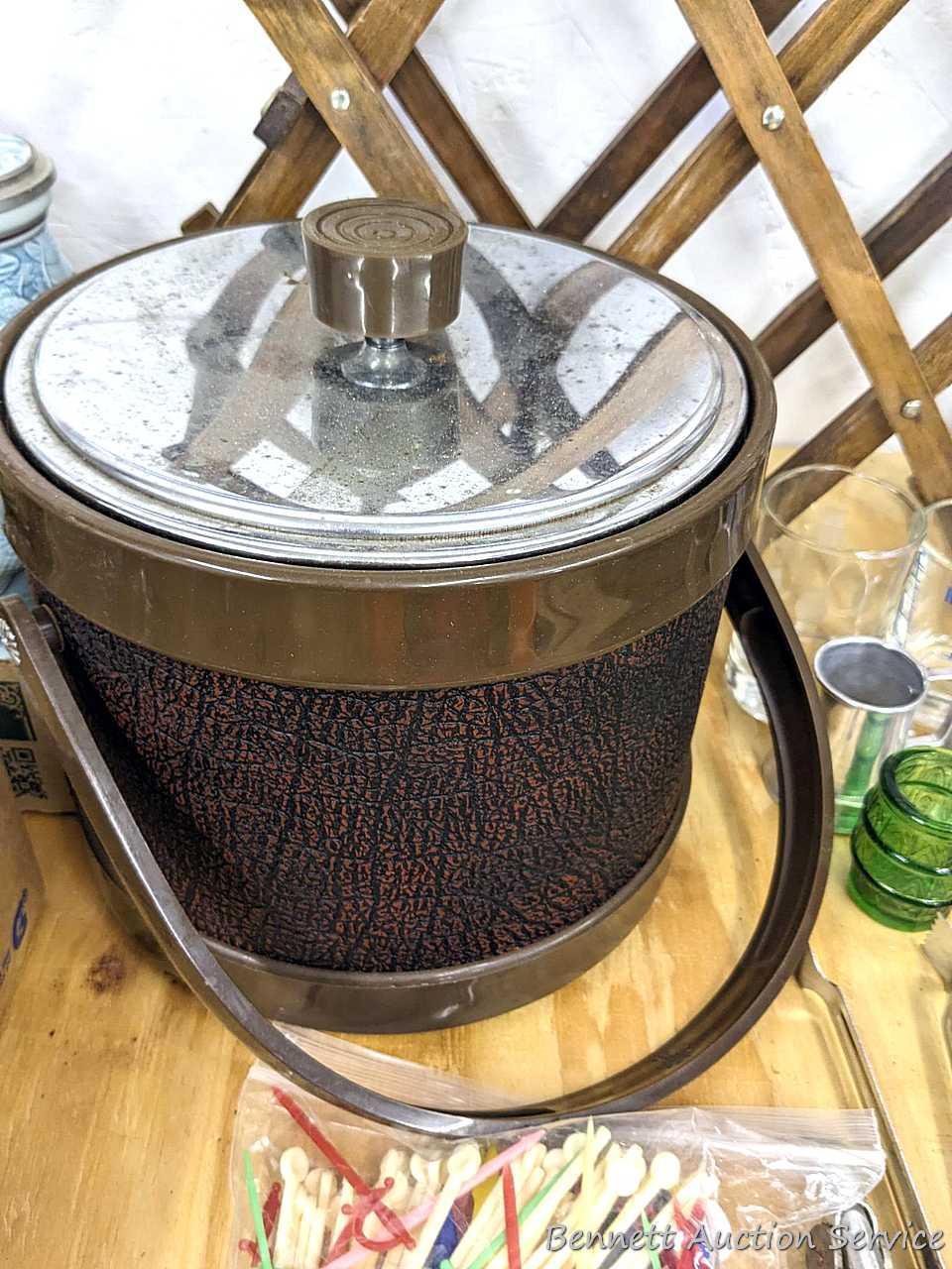 Retro 8" wide ice bucket, Royal Canadian and other shot glasses, local Brenda's Catering bottle