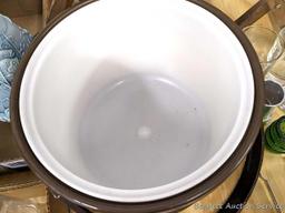 Retro 8" wide ice bucket, Royal Canadian and other shot glasses, local Brenda's Catering bottle
