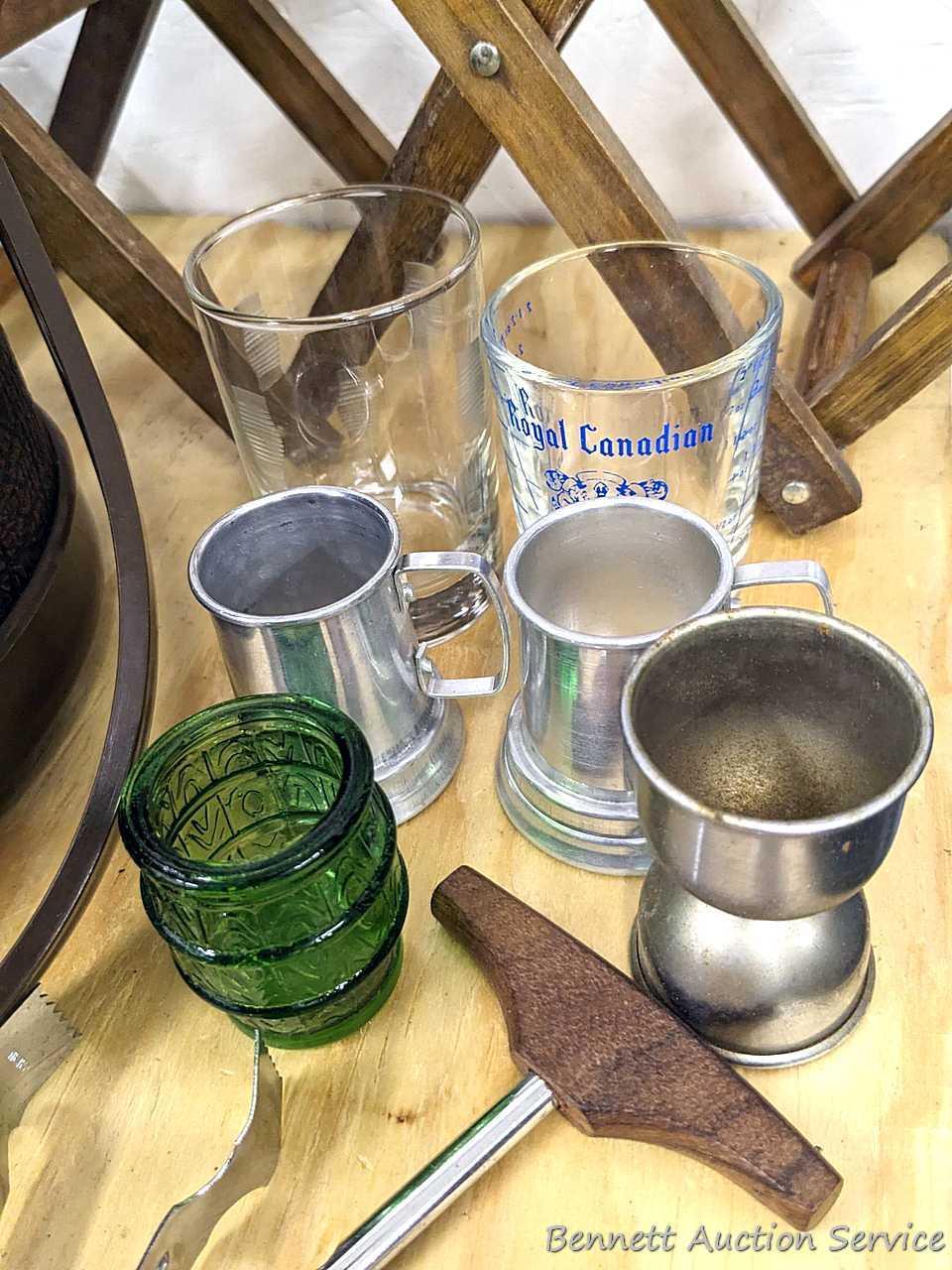 Retro 8" wide ice bucket, Royal Canadian and other shot glasses, local Brenda's Catering bottle