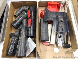 Table saw anti-kickback dogs and guard; hardwood flooring tapping blocks; rubber table guard;