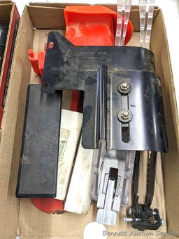 Table saw anti-kickback dogs and guard; hardwood flooring tapping blocks; rubber table guard;