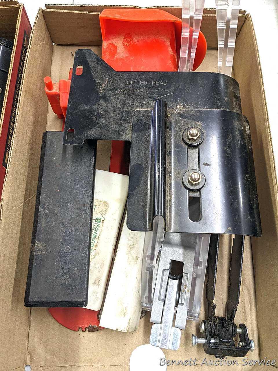 Table saw anti-kickback dogs and guard; hardwood flooring tapping blocks; rubber table guard;