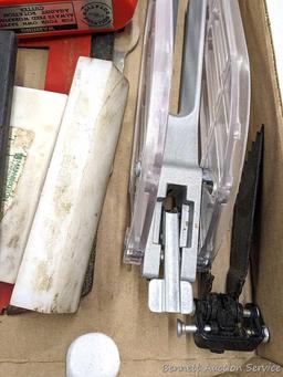 Table saw anti-kickback dogs and guard; hardwood flooring tapping blocks; rubber table guard;