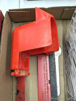 Table saw anti-kickback dogs and guard; hardwood flooring tapping blocks; rubber table guard;