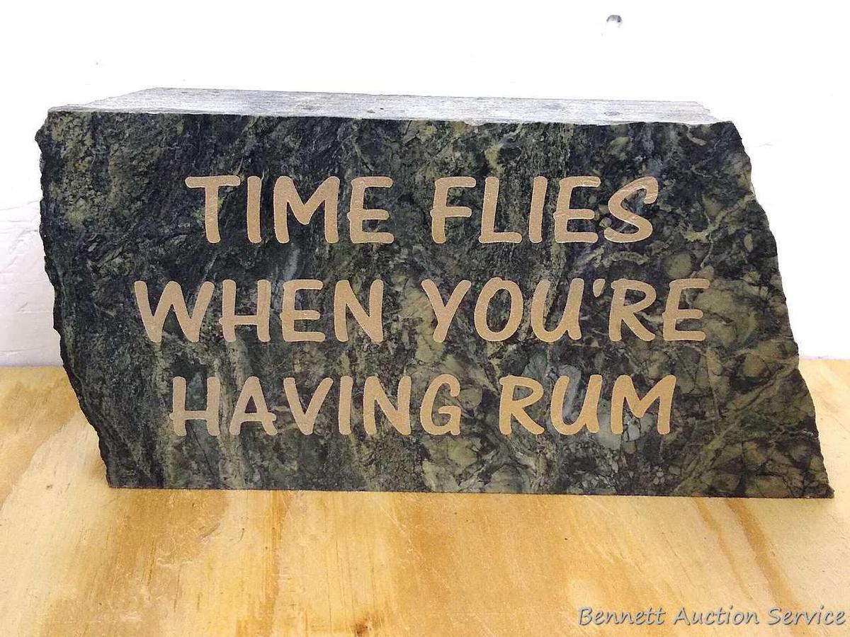 9" marble drinking sign reads Time Flies When You're Having Rum. In good condition.
