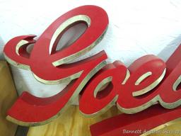 Goebel Beer sign is about 21" x 10" tall. Some wear on gold part but in good condition otherwise.