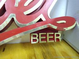 Goebel Beer sign is about 21" x 10" tall. Some wear on gold part but in good condition otherwise.