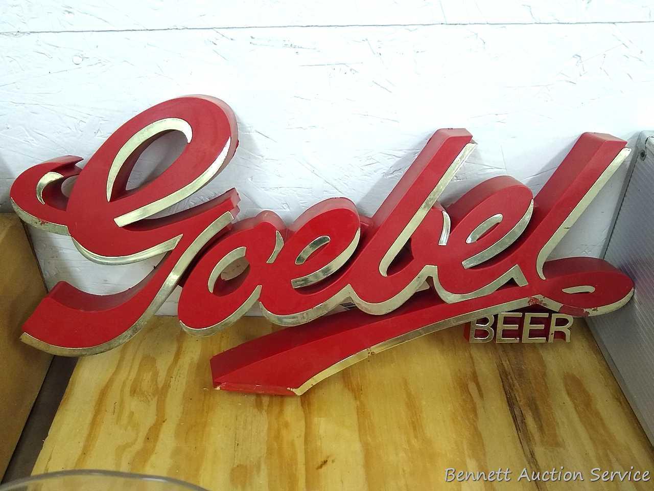Goebel Beer sign is about 21" x 10" tall. Some wear on gold part but in good condition otherwise.