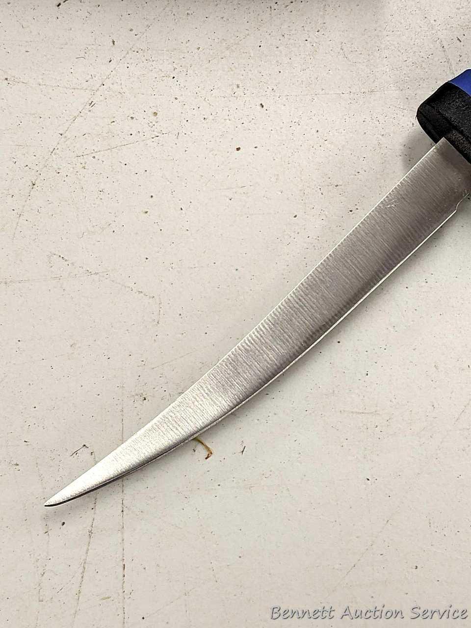 Rapala J. Marttiini stainless 11" filet knife; other 12" filet knife; two 6" sharpening stones and a