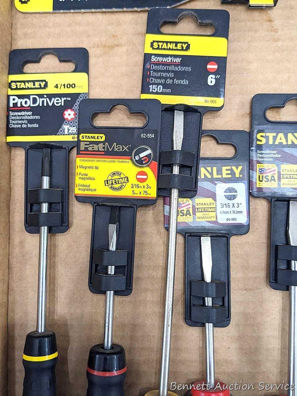 Stanley screwdrivers incl Phillips heads, slotted heads, T15, T20, T25. Also comes with stubby