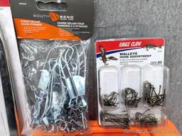 Variety of supplies to toss into your tackle box! Small tackle box, hooks, alligator clips, snap