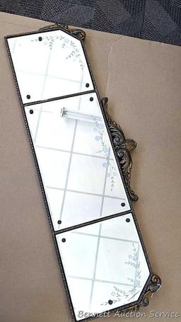 Pretty antique buffet mirror has etched flowers on glass and beveled edges. Measures about 46" x 17"