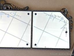 Pretty antique buffet mirror has etched flowers on glass and beveled edges. Measures about 46" x 17"