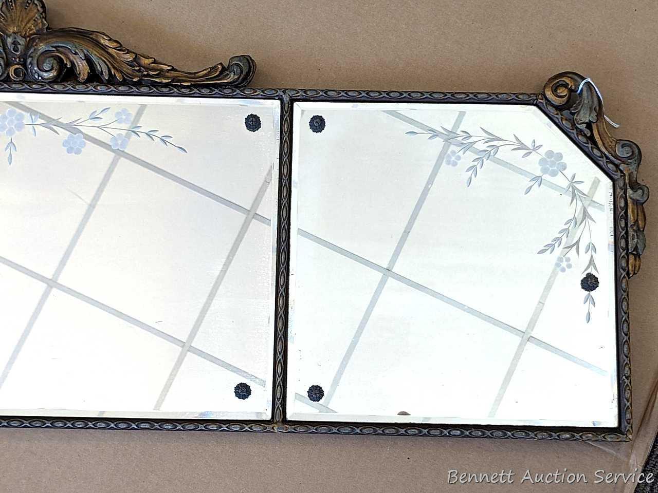 Pretty antique buffet mirror has etched flowers on glass and beveled edges. Measures about 46" x 17"