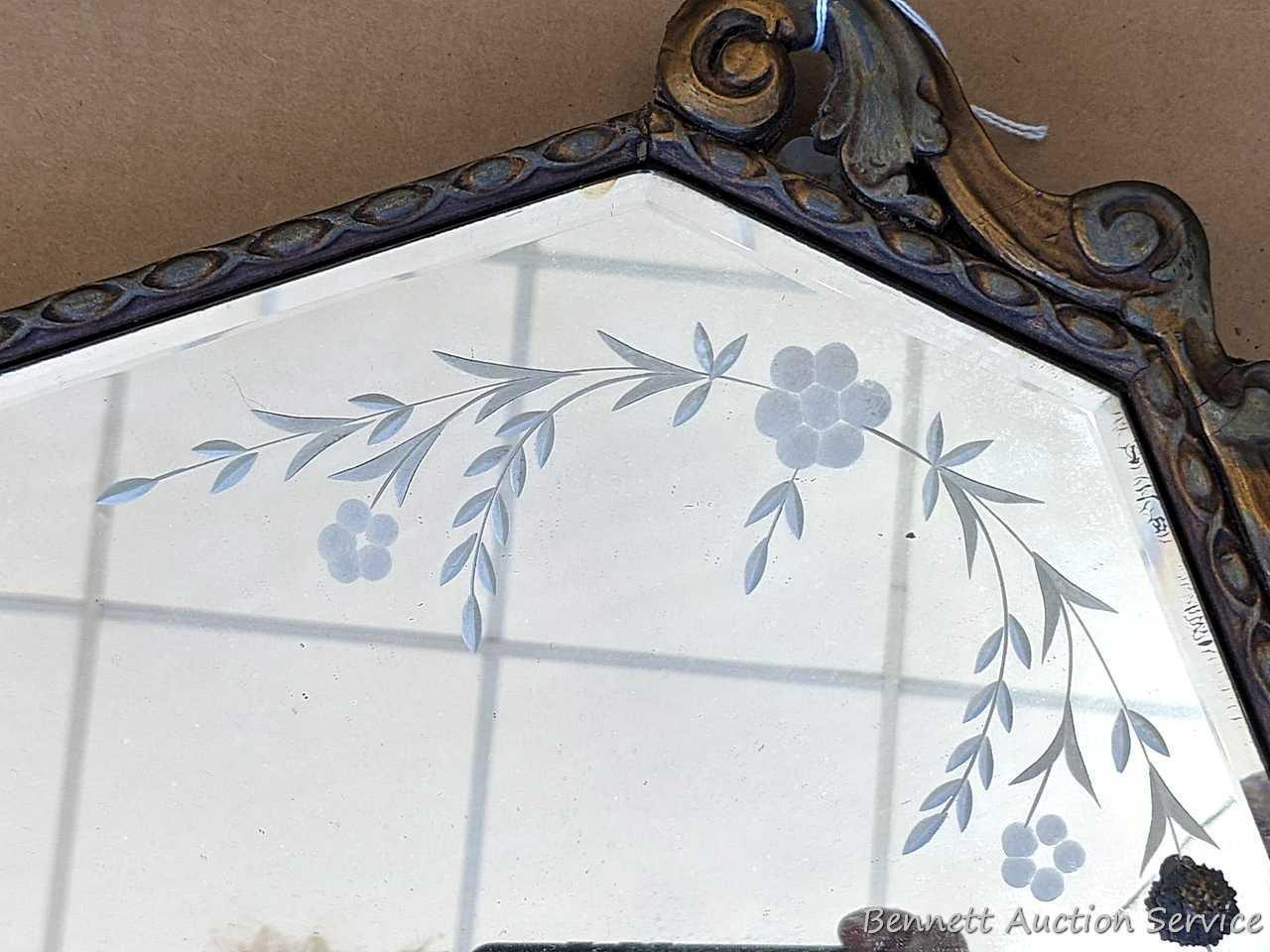 Pretty antique buffet mirror has etched flowers on glass and beveled edges. Measures about 46" x 17"