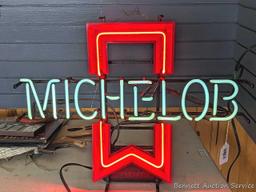 No shipping. Michelob beer neon light is about 25" x 20" x 6-1/2" deep. Works. Nice light.