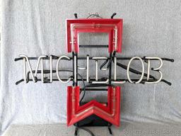 No shipping. Michelob beer neon light is about 25" x 20" x 6-1/2" deep. Works. Nice light.