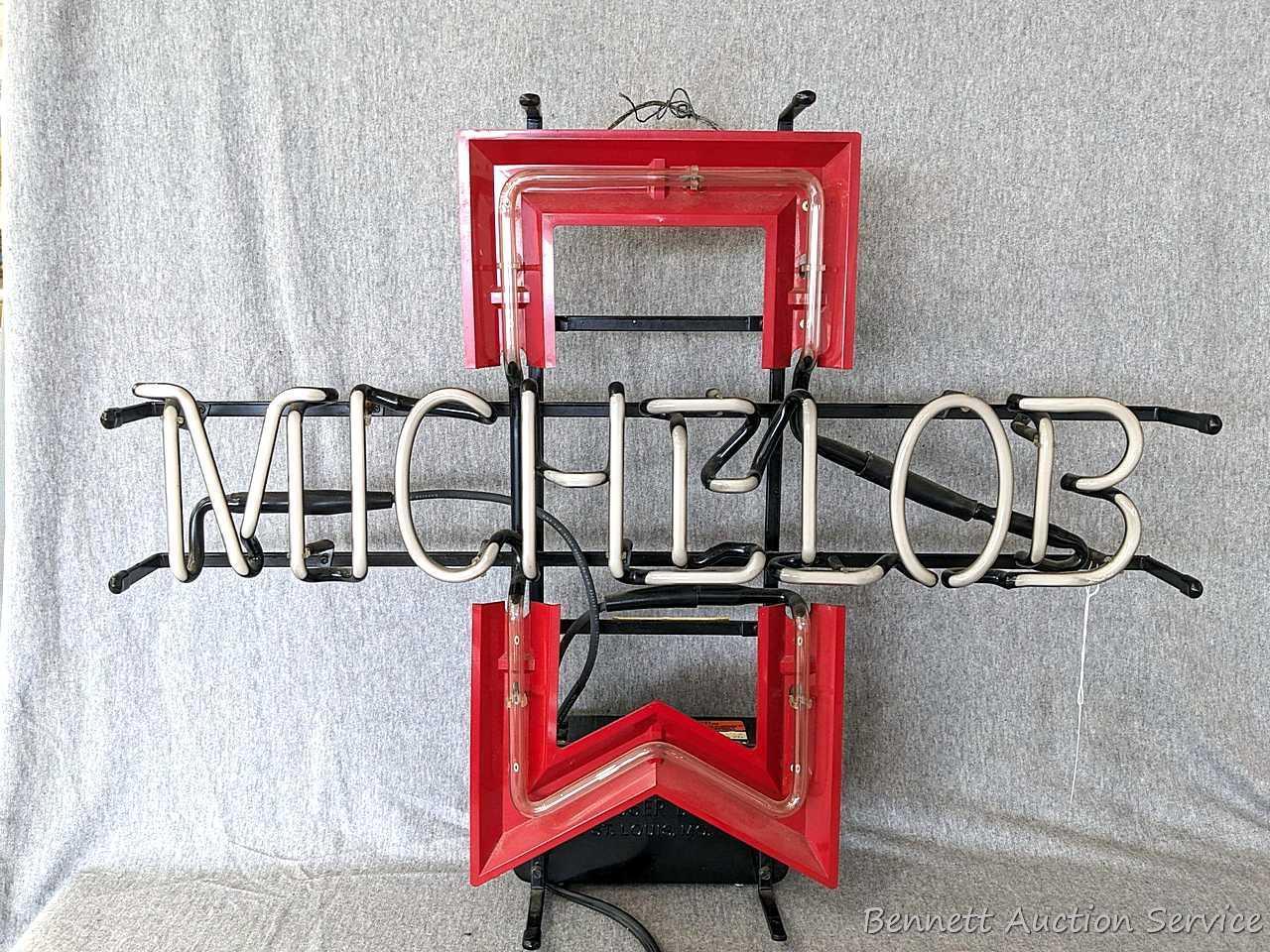 No shipping. Michelob beer neon light is about 25" x 20" x 6-1/2" deep. Works. Nice light.