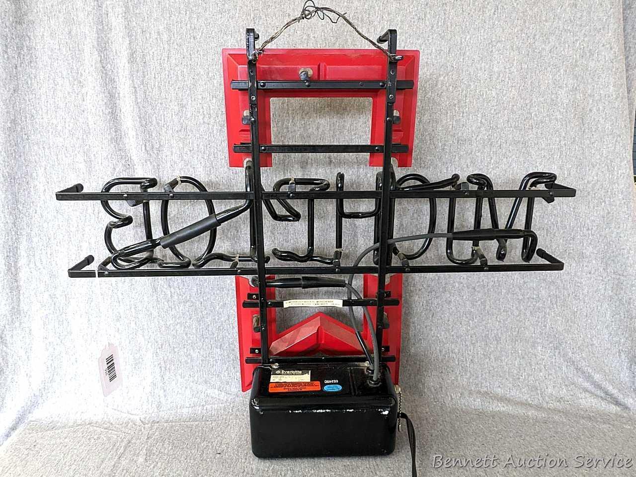 No shipping. Michelob beer neon light is about 25" x 20" x 6-1/2" deep. Works. Nice light.