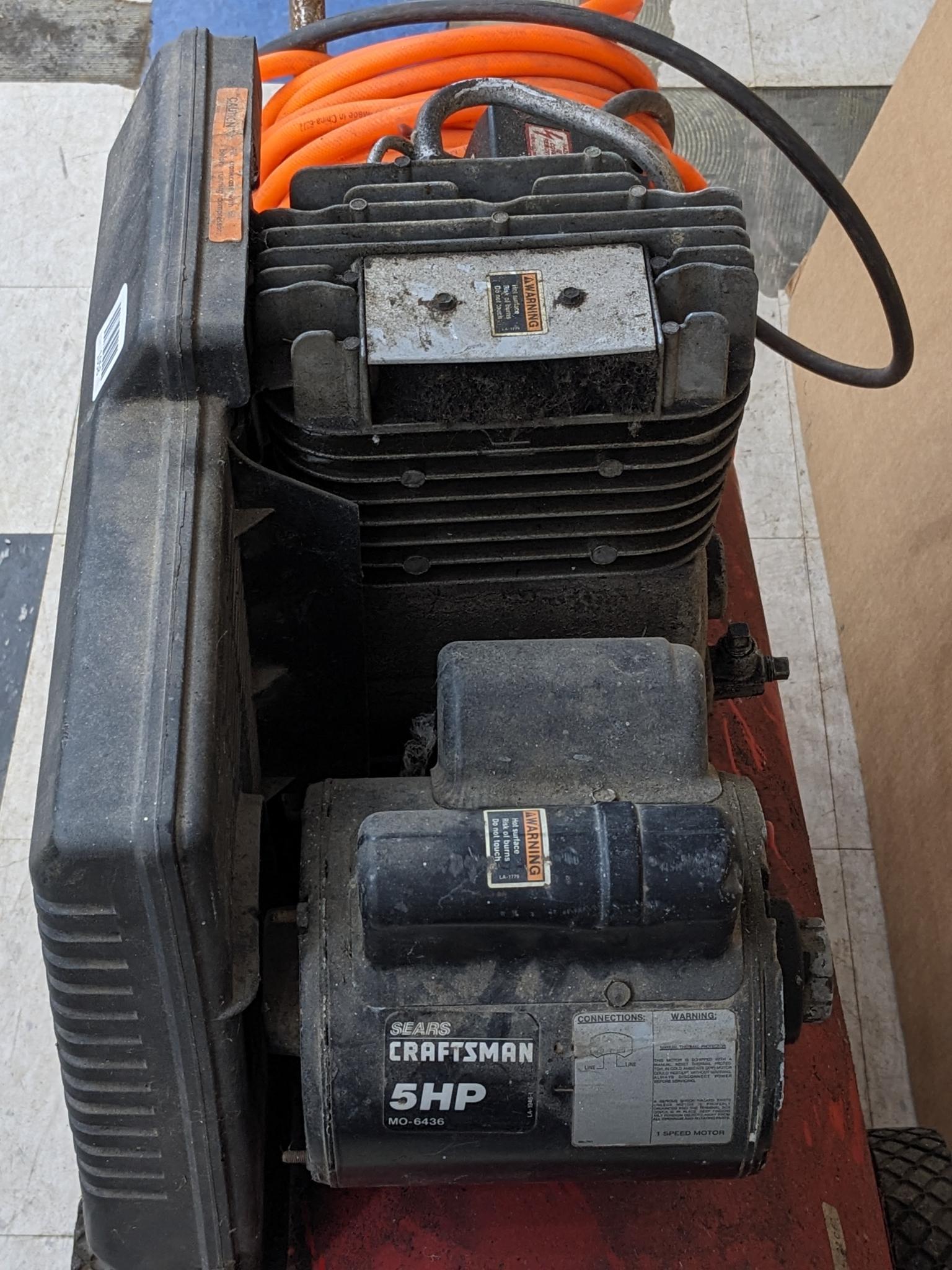 Craftsman 5 hp 20 gallon portable air compressor with air hose requires a 20 amp 110 volt