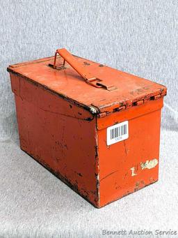 Orange ammunition can measures 12" x 7" x 6" Inside of ammo can has been painted, seal still soft.
