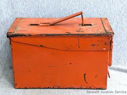 Orange ammunition can measures 12" x 7" x 6" Inside of ammo can has been painted, seal still soft.