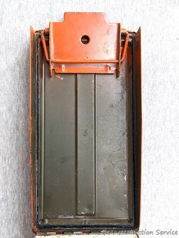 Orange ammunition can measures 12" x 7" x 6" Inside of ammo can has been painted, seal still soft.