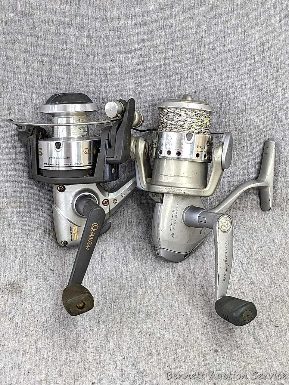 Two Zebco Quantum spinning reels. One is Kinetic KT30 PTi, the other a SS 4 Long Stroke.