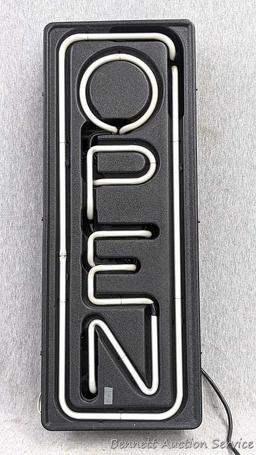 No shipping. Neon Open sign measures approx. 26" x 10", works.