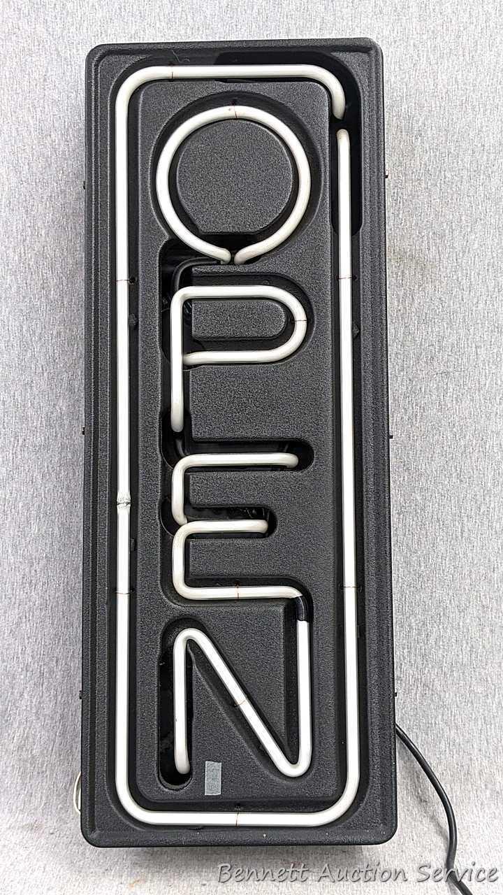 No shipping. Neon Open sign measures approx. 26" x 10", works.