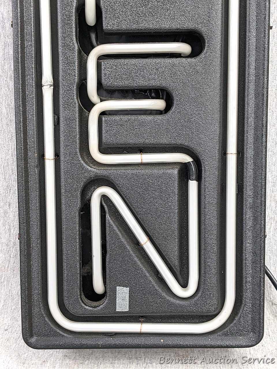 No shipping. Neon Open sign measures approx. 26" x 10", works.