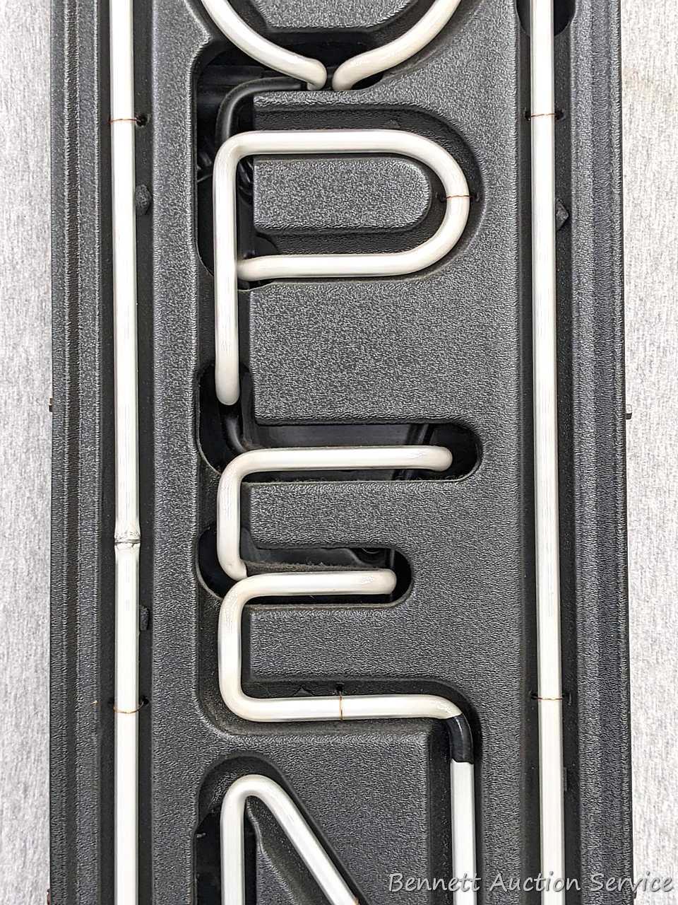 No shipping. Neon Open sign measures approx. 26" x 10", works.