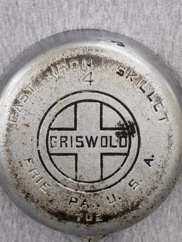 Griswold No. 4 cast iron skillet with nickel plating and large logo. Bottom marked Erie PA USA, 702.