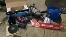 NEW 4 1/2" CAL HAWK ANGLE GRINDER. CORDED BLACK & DECKER 1/2" DRILL, & INGERSOL RAND 1/2" AIR