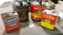 5 GALLON WHEATLAND SUPREME  & COOP QWIK LIFT OIL CANS; 2 GALLON FARM OYL & COOP CENTRAL