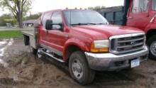 2001  FORD F-350 CREW CAB 4WD w / 88" x 9' ALUMINUM FLATBED, V-10, auto, 203,000 miles, +