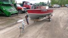 14' 1975 LUND ALUMINUM FISHING BOAT w / 15 H.P. JOHNSON, trolling motor, depth finder,  trailer, +